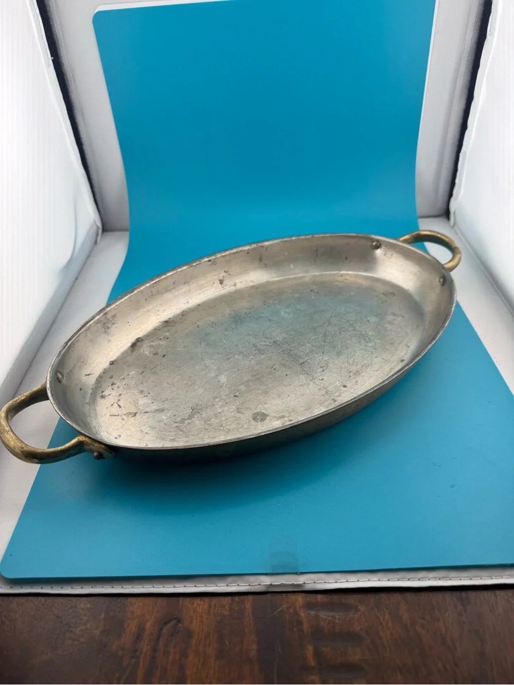 Vintage Portugal Copper Oval Pan Tin Lined Brass Handles